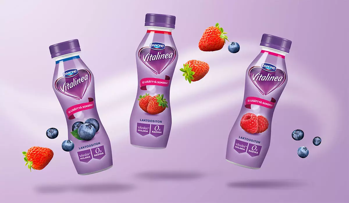 Danone Vitalinea juotavat jogurtit pakkaussuunnittelu