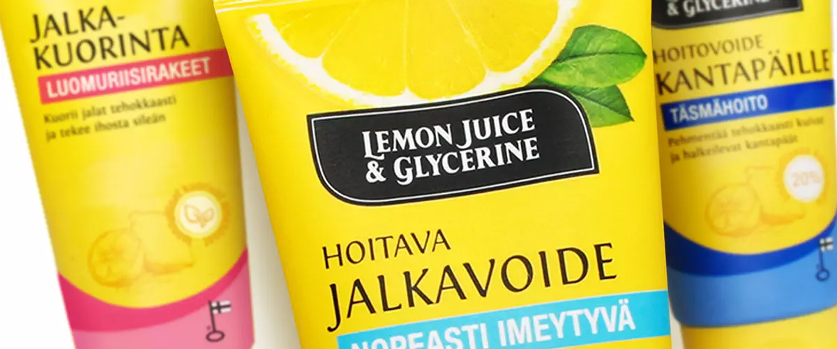 Lemon Juice & Glycerine jalkavoiteet pakkaussuunnittelu