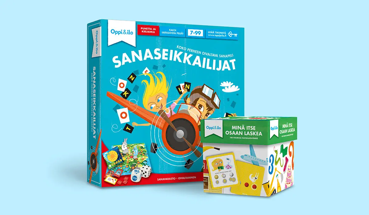 Oppi & Ilo pakkaussuunnittelu Oppi & Ilo Sanaseikkailijat ja Oppi & Ilo Minä Itse Osaan Laskea pakkaussuunnittelu