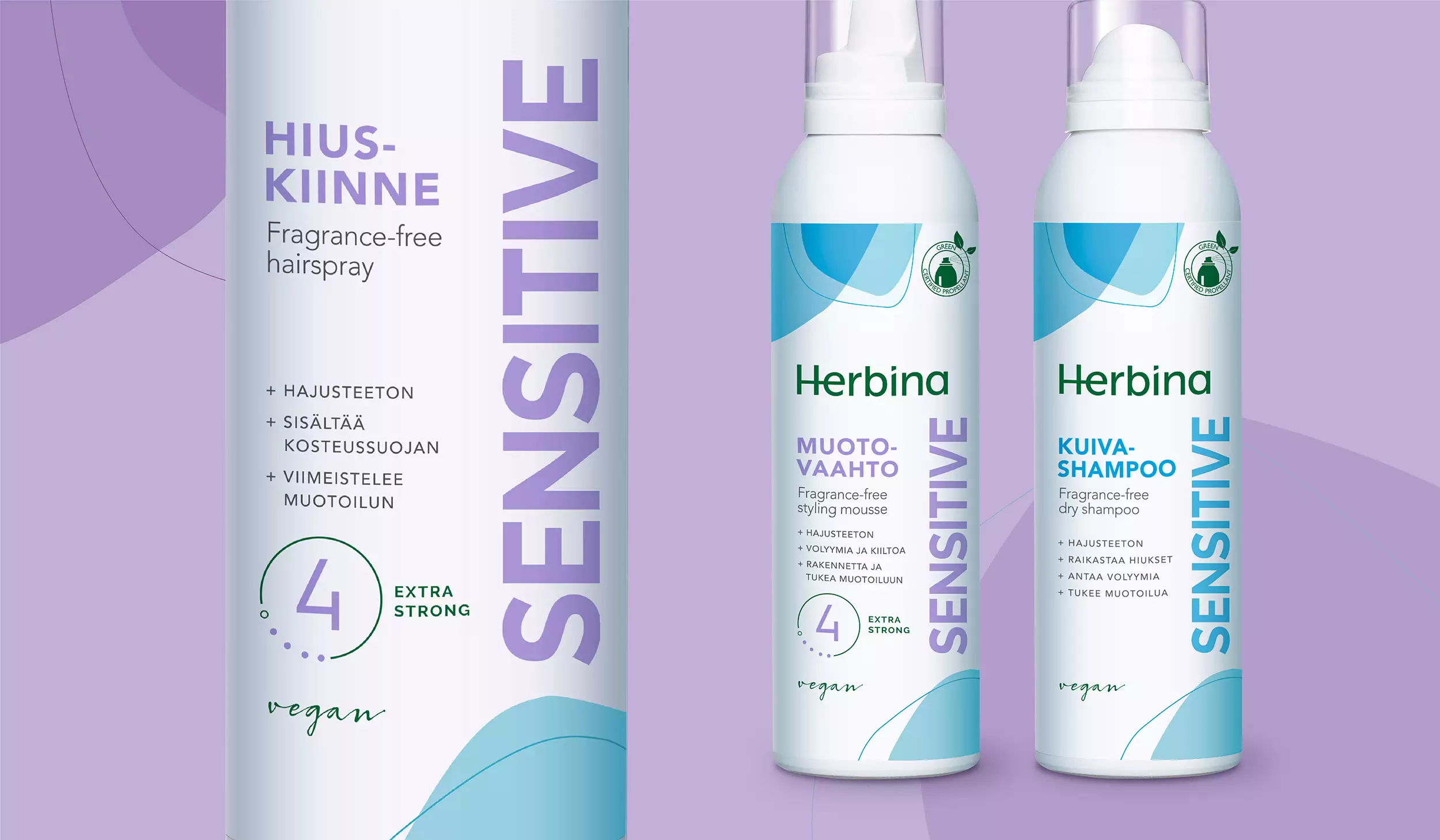Herbina Sensitive pakkausuudistus hiustenmuotoilutuotteita violetilla taustalla